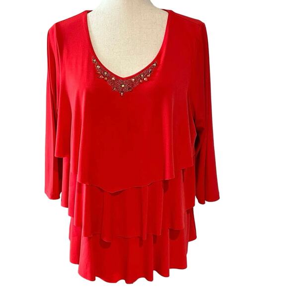 Susan Graver Womens Large Pullover Blouse Top Red Embellished Neck Layered Look - Picture 1 of 9
